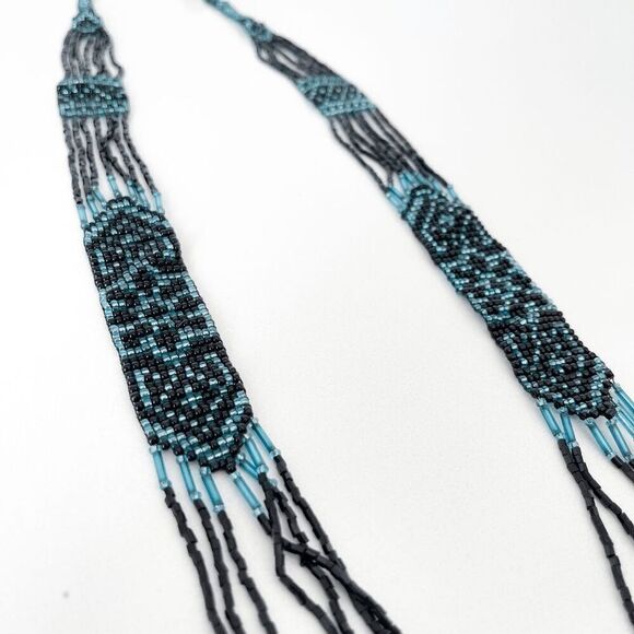 Handmade Womens Ukrainian Multi-Layered Bohemian Beaded Necklace Turquoise Black - Picture 2 of 5